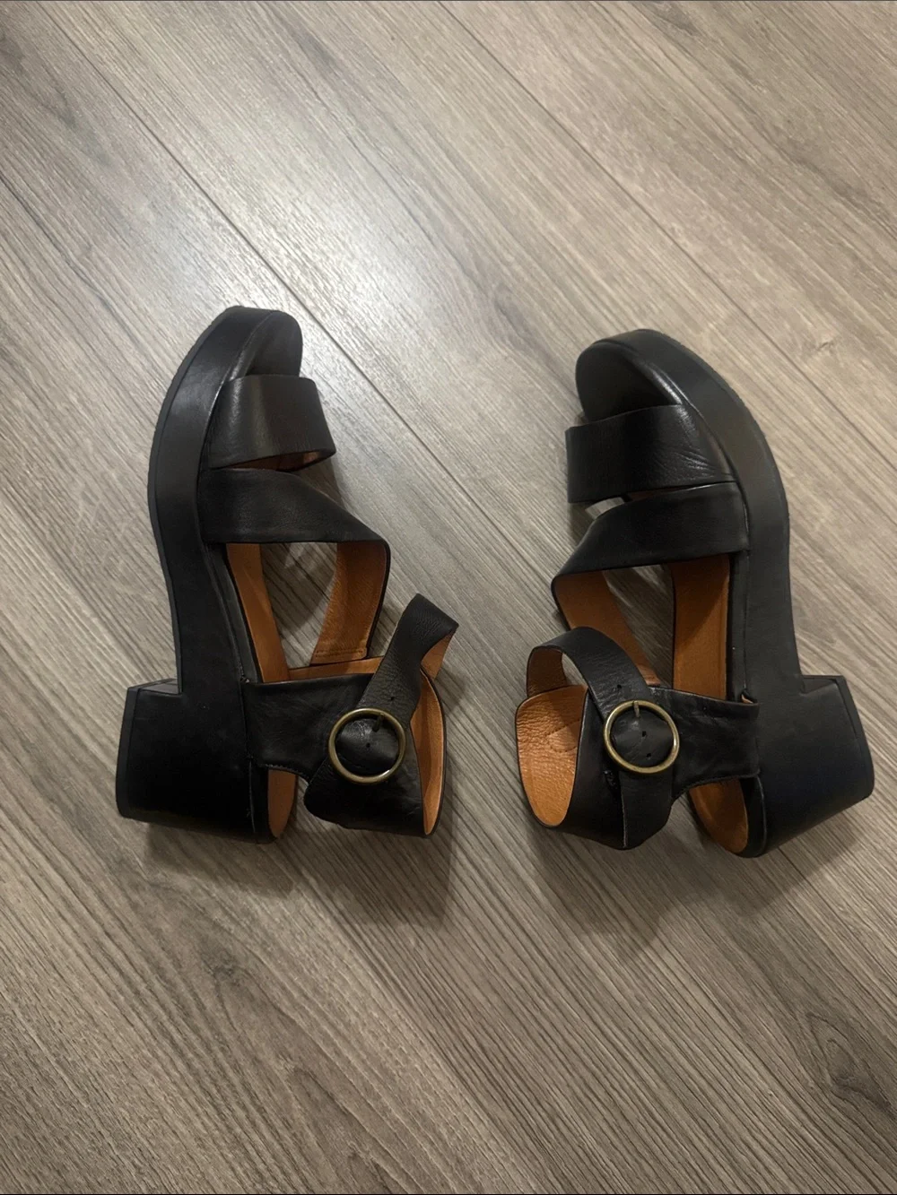 Miz Mooz Women’s Leather Black Platform Sandals with Buckle Accent